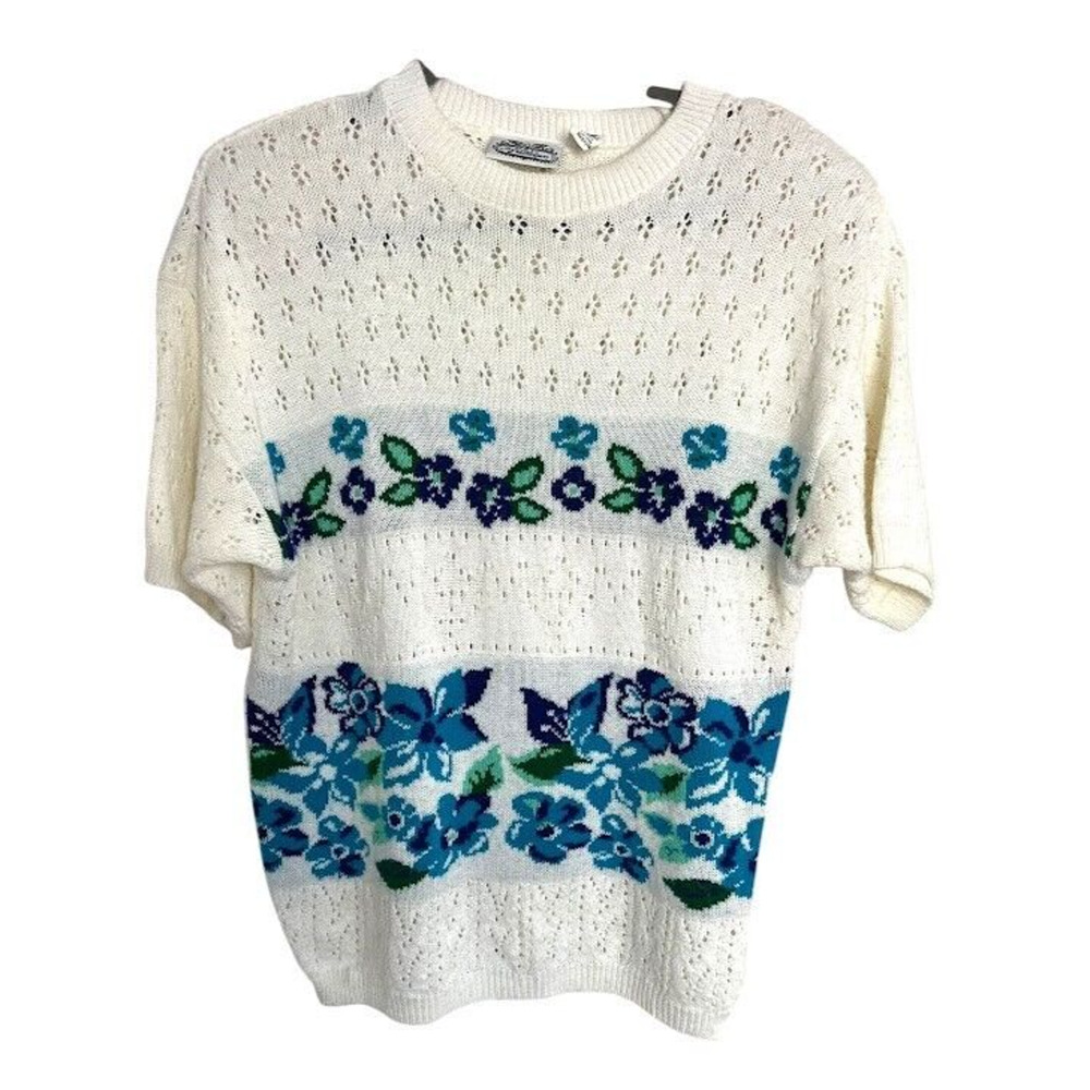 Vintage Villager Floral Knit Short Sleeve Sweater Medium‎ Cottagecore Feminine